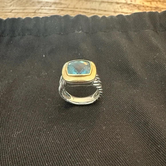 David Yurman Sterling Silver & Gold w/Blue Topaz Albion Cocktail Ring, Size 6.5
